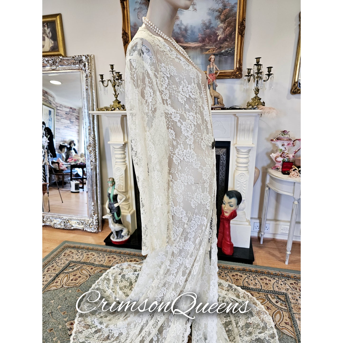 Extraordinary vintage Art Deco 1920s lace wedding long jacket duster wedding bridal coat cover size UK 16 US 12