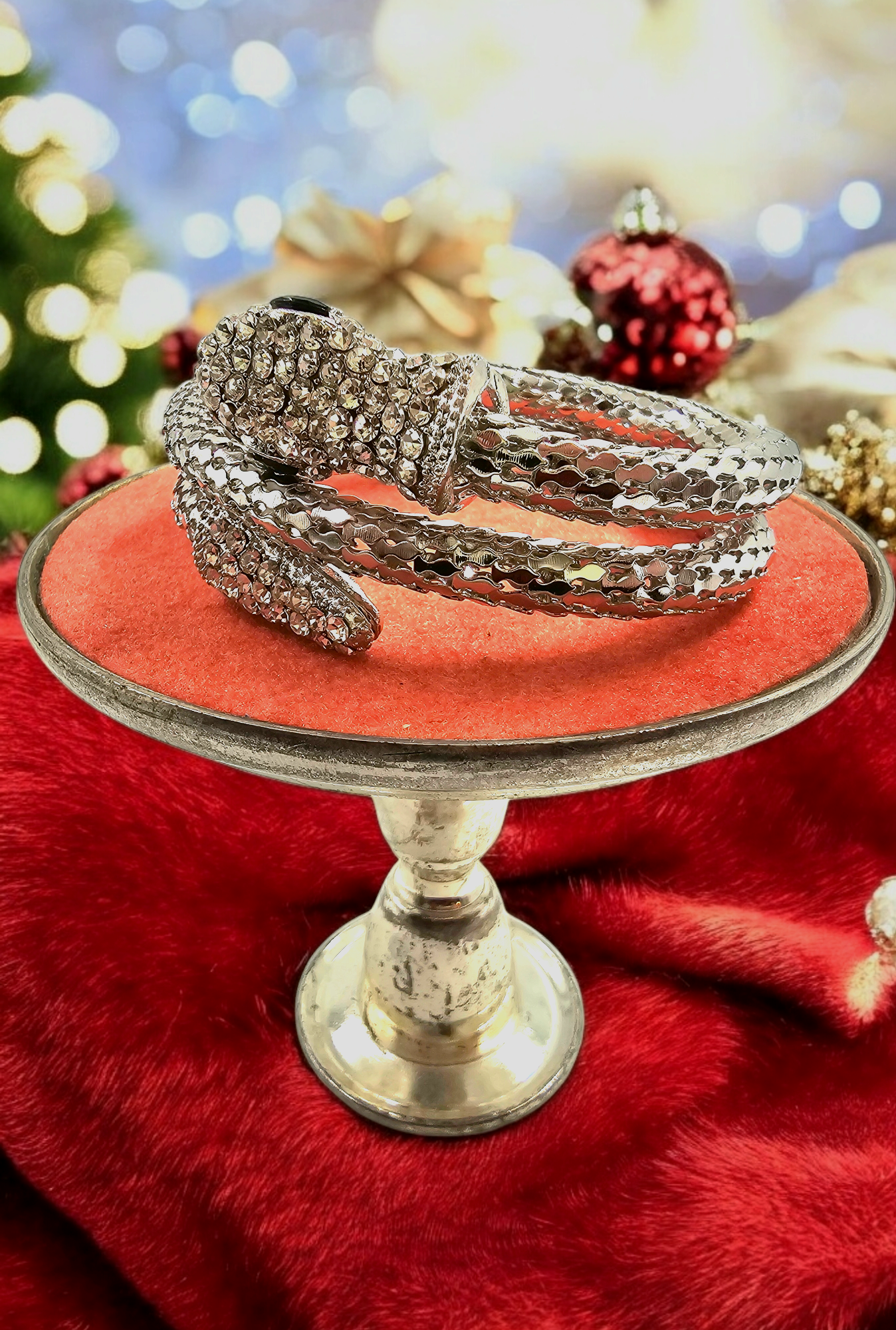 Statement Silver Snake chunky bracelet Cuff Art Deco Crystal Rhinestones Beautiful