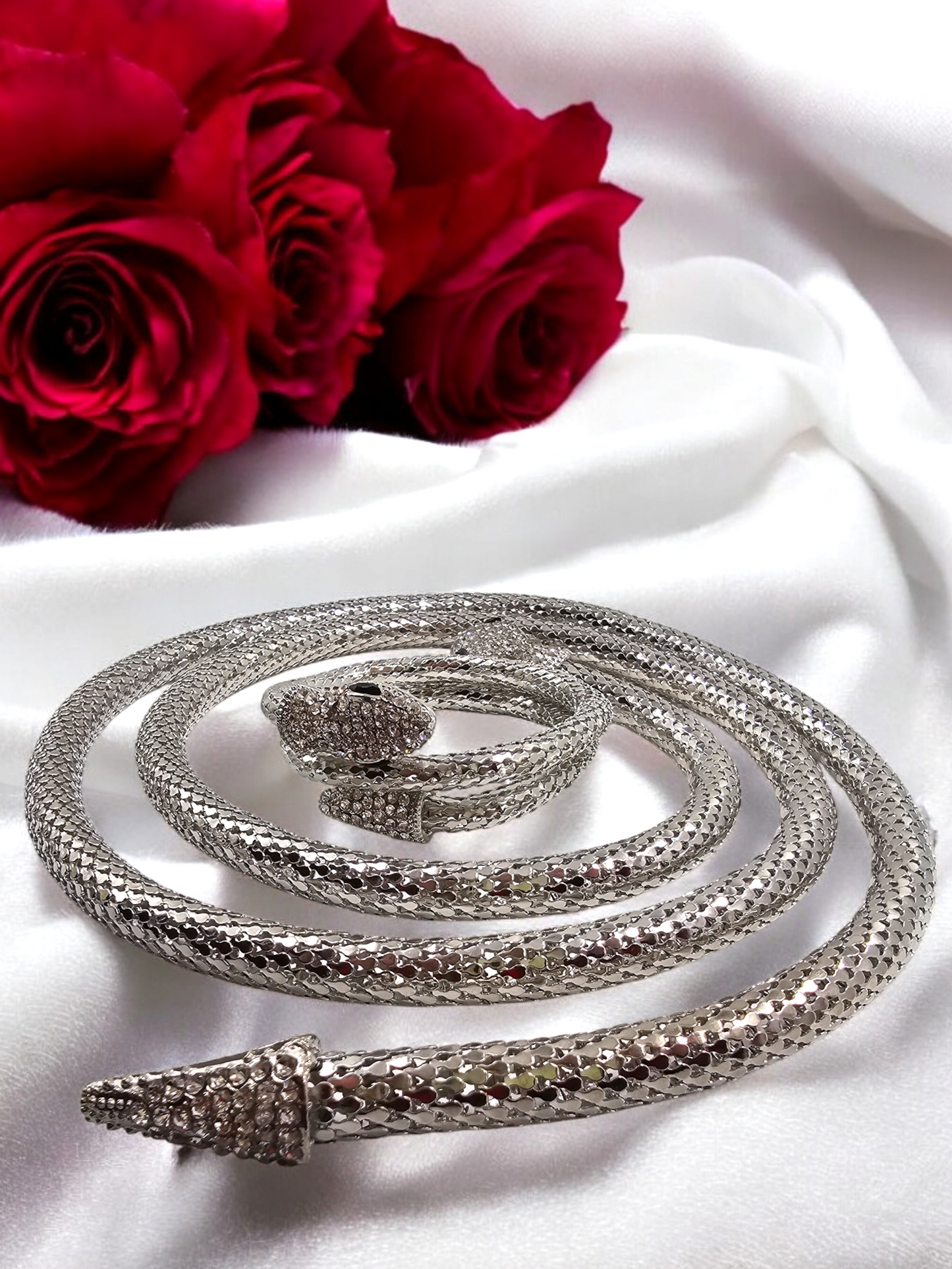 Statement Silver Snake chunky bracelet Cuff Art Deco Crystal Rhinestones Beautiful