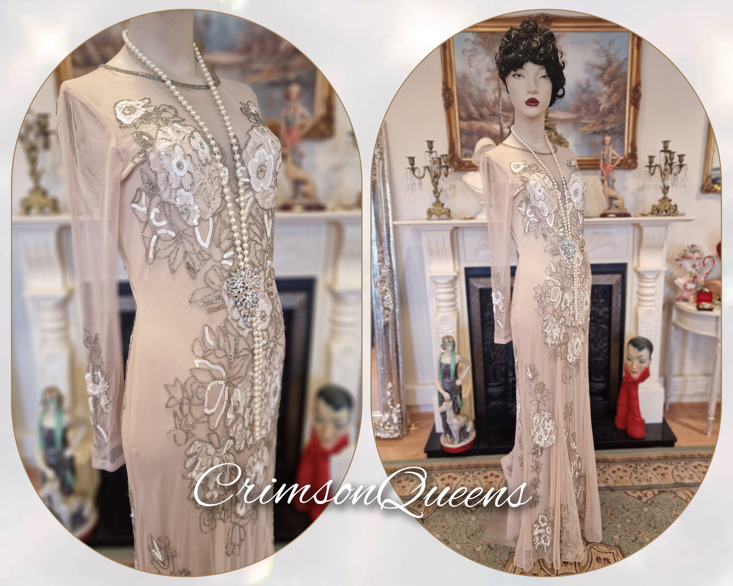 Art Deco vintage 1920s dress 1930s Great Gatsby charleston maxi chiffon romantic Downton Abbey dress size UK 10 US 6