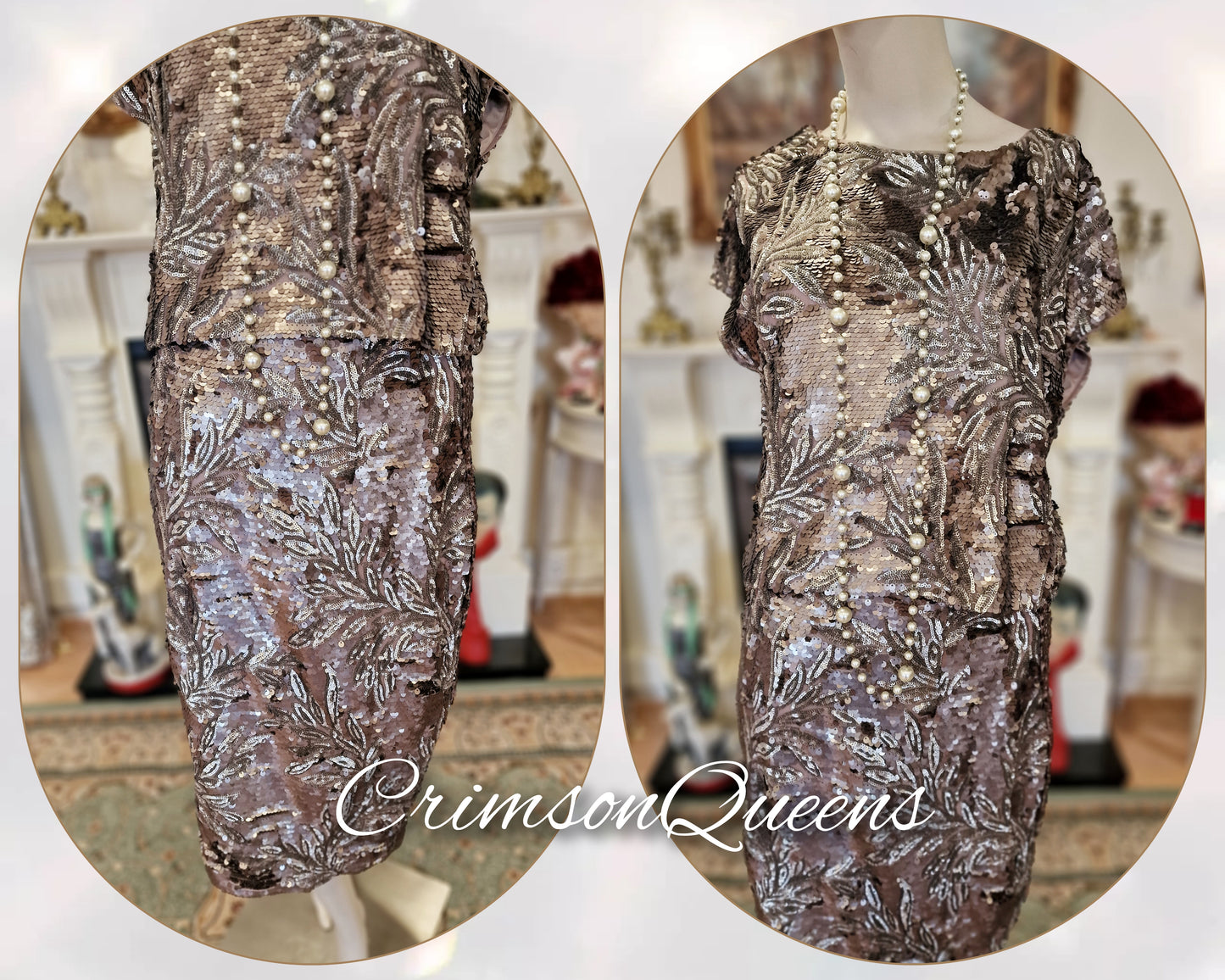 1920s dress Art Deco flapper Charleston gold dress Gatsby vintage sequined shell evening occasion dress suit dress size UK 10 US 6