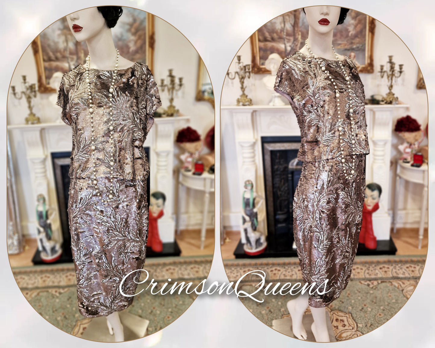 1920s dress Art Deco flapper Charleston gold dress Gatsby vintage sequined shell evening occasion dress suit dress size UK 10 US 6