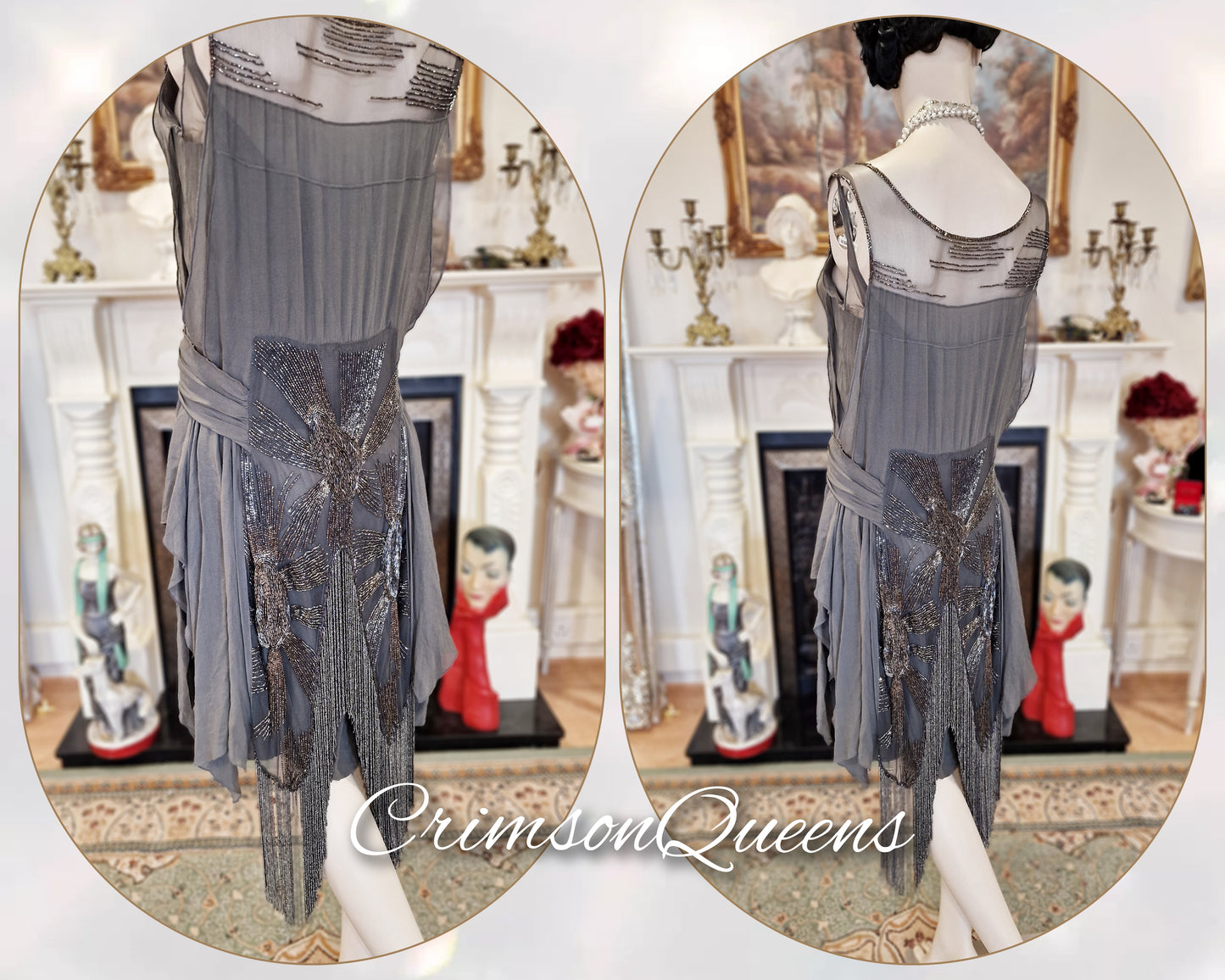 Vintage Art Deco flapper 1920s Great Gatsby Downton Abbey spectacular luxurious evening silver grey beaded tasseled dress size UK 10 US 6