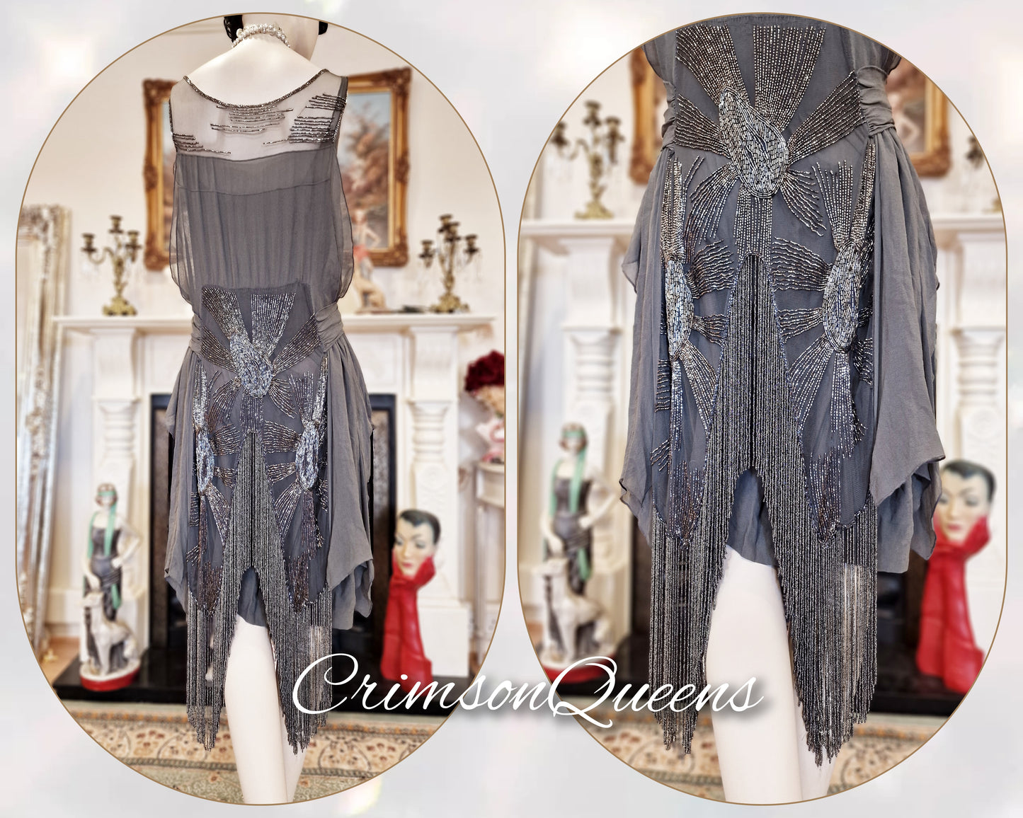 Vintage Art Deco flapper 1920s Great Gatsby Downton Abbey spectacular luxurious evening silver grey beaded tasseled dress size UK 10 US 6