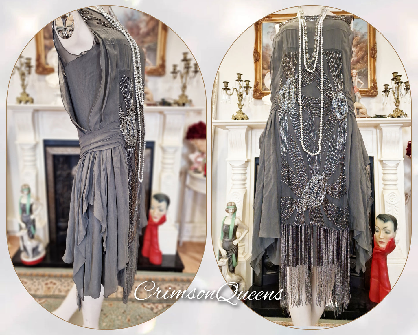 Vintage Art Deco flapper 1920s Great Gatsby Downton Abbey spectacular luxurious evening silver grey beaded tasseled dress size UK 10 US 6