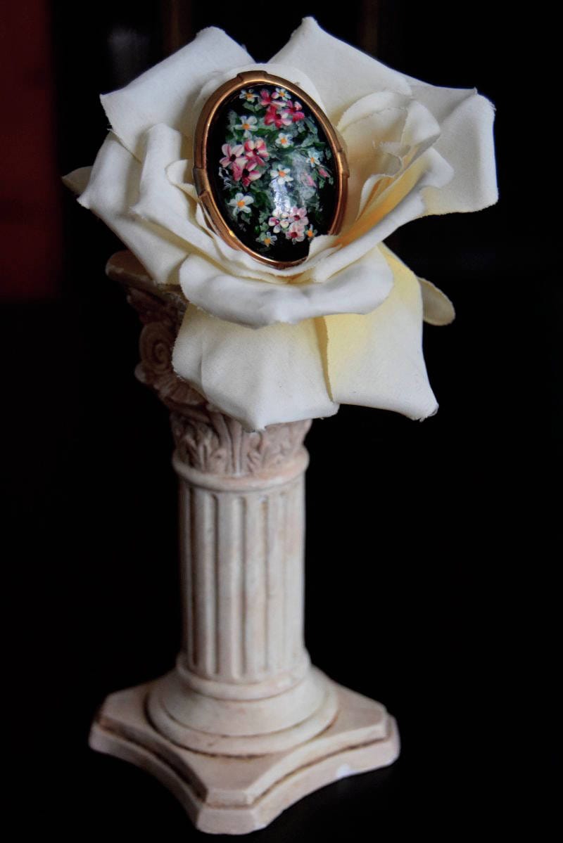 Art Nouveau Hand Painted Hand Crafted Vintage Floral Art Black Retro Pin Brooch