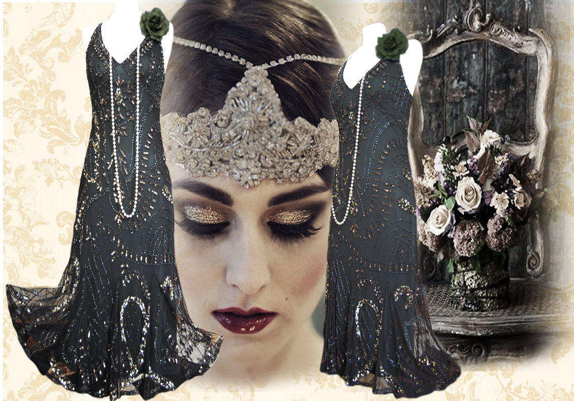1930s dress Flapper dress Downton Abbey gown vintage beaded dress bottle green sequinned Dress 1920s evening gown size UK 8 10 US 4 6