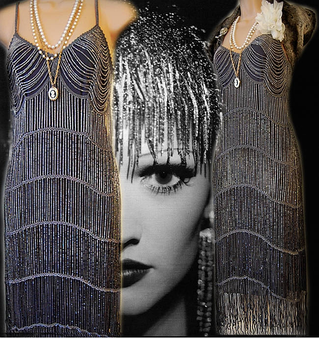 1920's Art Deco Flapper Charleston Gatsby Vintage Beaded tassel fringe Evening Gown Avant GardeSilver Gothic Steampunk Dress Size UK 8 US 4