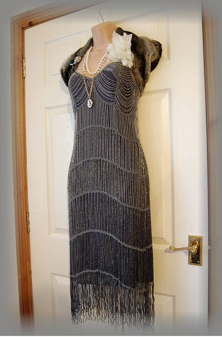 1920's Art Deco Flapper Charleston Gatsby Vintage Beaded tassel fringe Evening Gown Avant GardeSilver Gothic Steampunk Dress Size UK 8 US 4