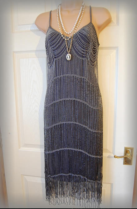1920's Art Deco Flapper Charleston Gatsby Vintage Beaded tassel fringe Evening Gown Avant GardeSilver Gothic Steampunk Dress Size UK 8 US 4