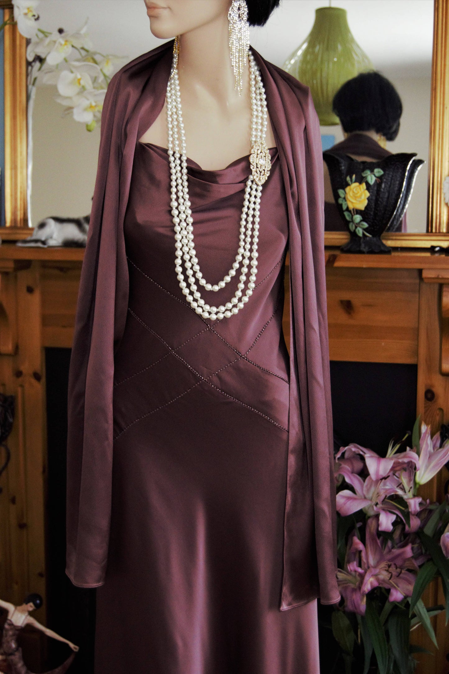 Art Deco Vintage 1930's style Chocolate Brown fluid satin silk Maxi Stage Dress Evening Gown Size UK 10 US 6
