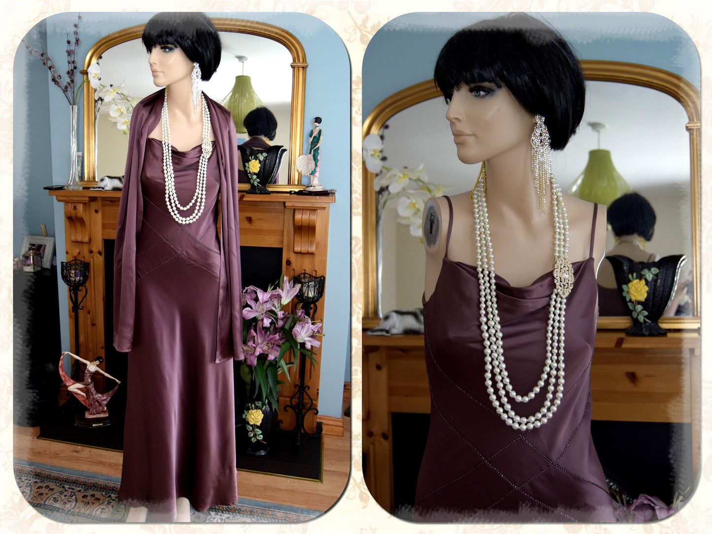 Art Deco Vintage 1930's style Chocolate Brown fluid satin silk Maxi Stage Dress Evening Gown Size UK 10 US 6