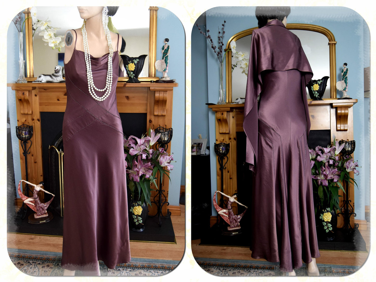 Art Deco Vintage 1930's style Chocolate Brown fluid satin silk Maxi Stage Dress Evening Gown Size UK 10 US 6