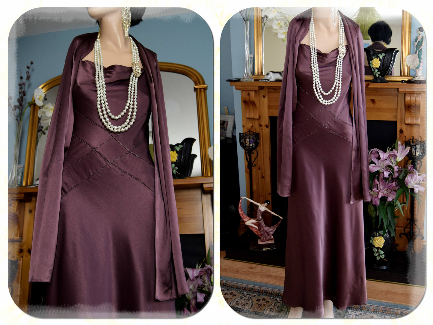 Art Deco Vintage 1930's style Chocolate Brown fluid satin silk Maxi Stage Dress Evening Gown Size UK 10 US 6