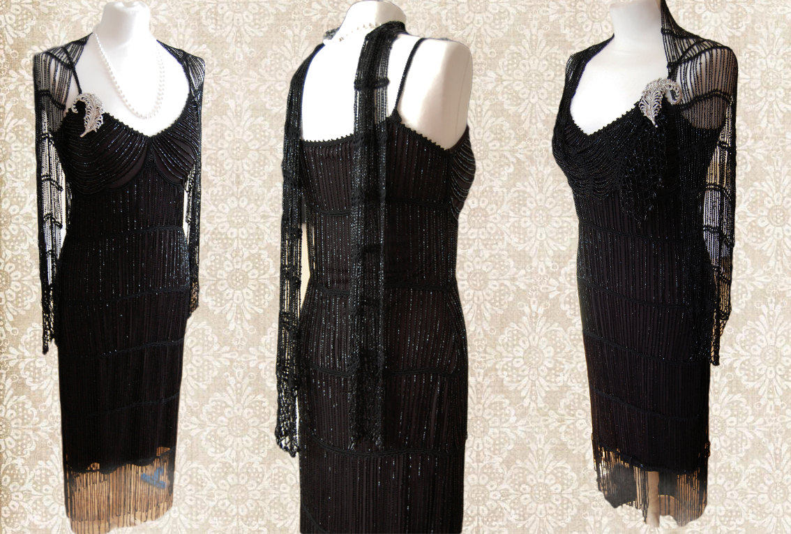 1920s dress Art Deco flapper Charleston dress Gatsby vintage bead tassel fringe evening dress black goth steampunk dress size UK 8 US 4