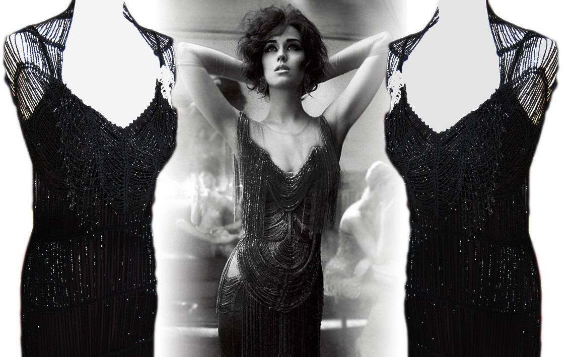 1920s dress Art Deco flapper Charleston dress Gatsby vintage bead tassel fringe evening dress black goth steampunk dress size UK 8 US 4