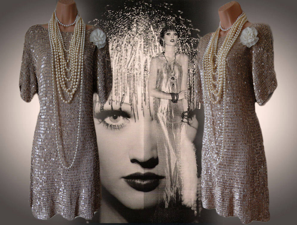 Vintage Silver totally sequinned flapper Downton Abbey eshell 1920's charleston dress sz UK 12 14 US 8 10