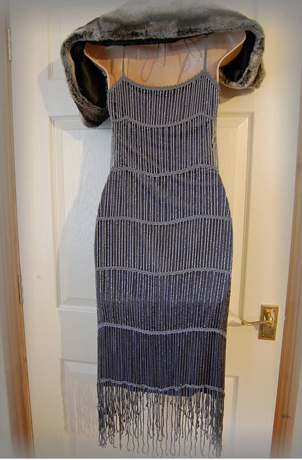 1920's Art Deco Flapper Charleston Gatsby Vintage Beaded tassel fringe Evening Gown Avant GardeSilver Gothic Steampunk Dress Size UK 8 US 4