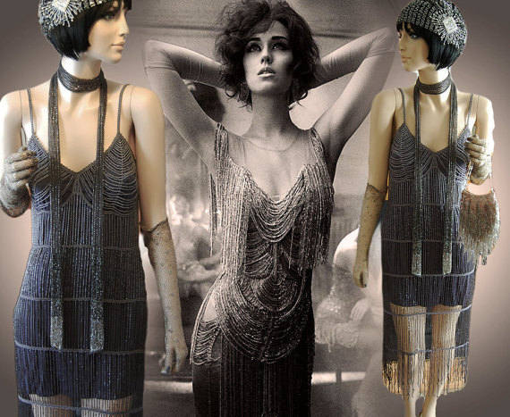 1920's Art Deco Flapper Charleston Gatsby Vintage Beaded tassel fringe Evening Gown Avant GardeSilver Gothic Steampunk Dress Size UK 8 US 4