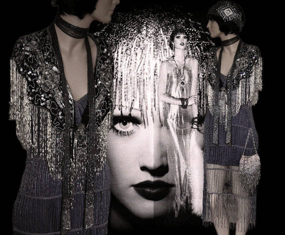 1920's Art Deco Flapper Charleston Gatsby Vintage Beaded tassel fringe Evening Gown Avant GardeSilver Gothic Steampunk Dress Size UK 8 US 4