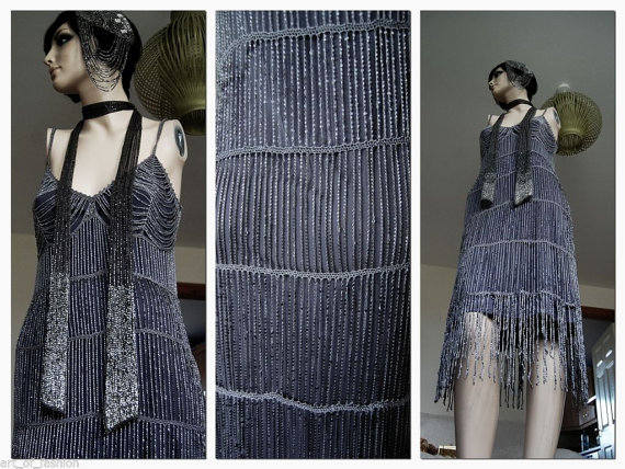 1920's Art Deco Flapper Charleston Gatsby Vintage Beaded tassel fringe Evening Gown Avant GardeSilver Gothic Steampunk Dress Size UK 8 US 4