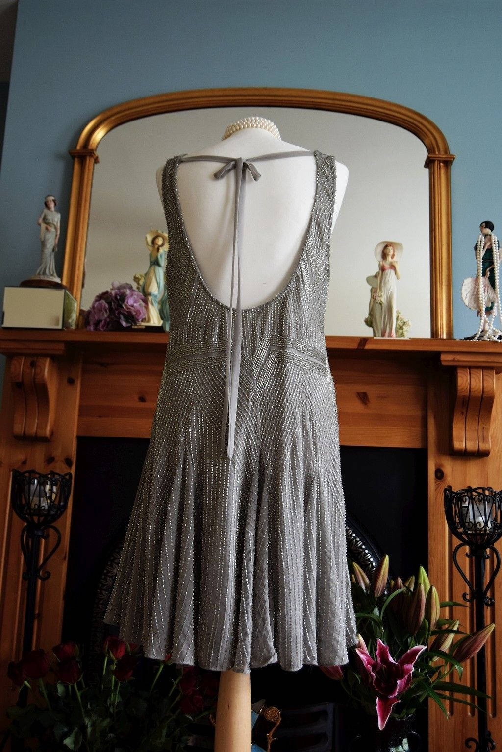 1920s dress, Vintage Silver dress, Great Gatsby dress, flapper dress, Downton Abbey dress, bead1920s dress, charleston dress, sz UK 10 US 6