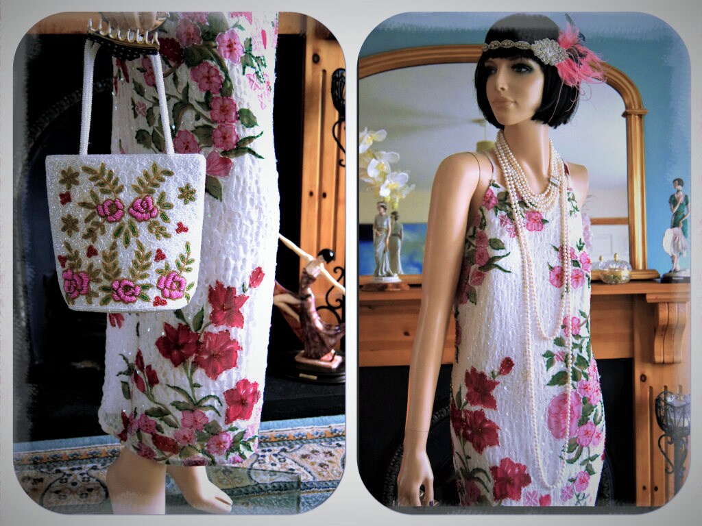 1920'White Floral rose Gown Dress Fully Beaded 100% Silk Great Gatsby Downton Abbey cocktail luxurious dress Size UK 10 US 6