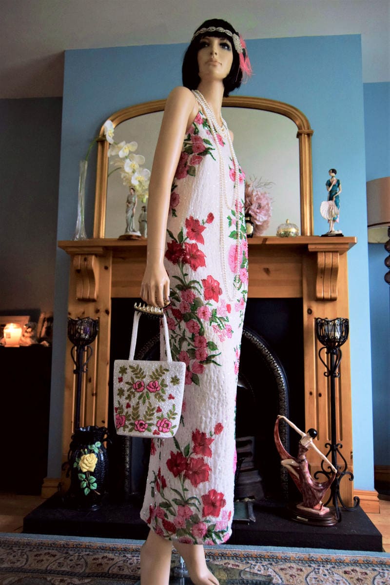 1920'White Floral rose Gown Dress Fully Beaded 100% Silk Great Gatsby Downton Abbey cocktail luxurious dress Size UK 10 US 6