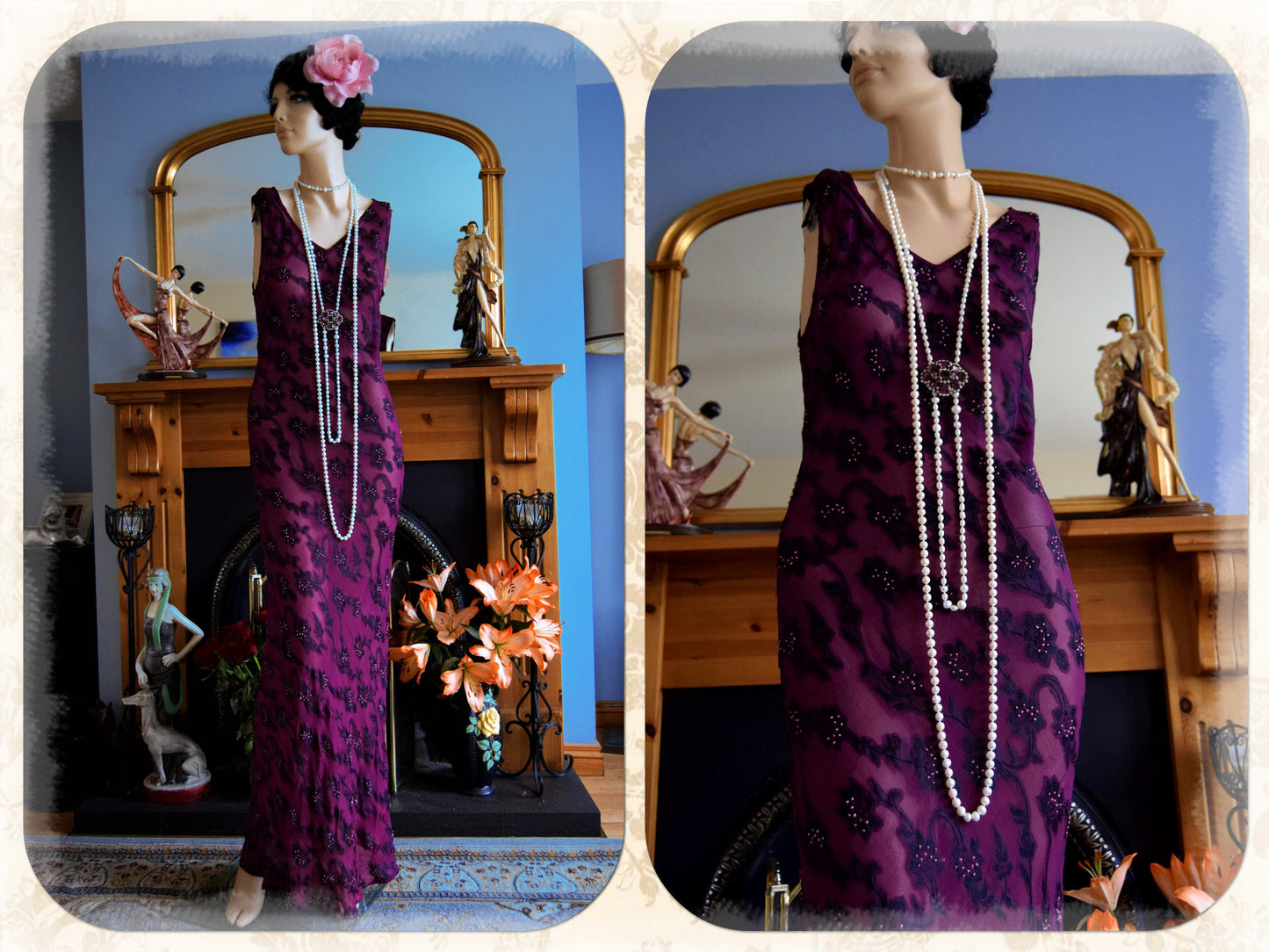 1930s Silk Maxi gown flapper gown Evening Sheer Purple gown Downton Abbey gown Stage Hollywood Goddess gown Size UK 8 US 4