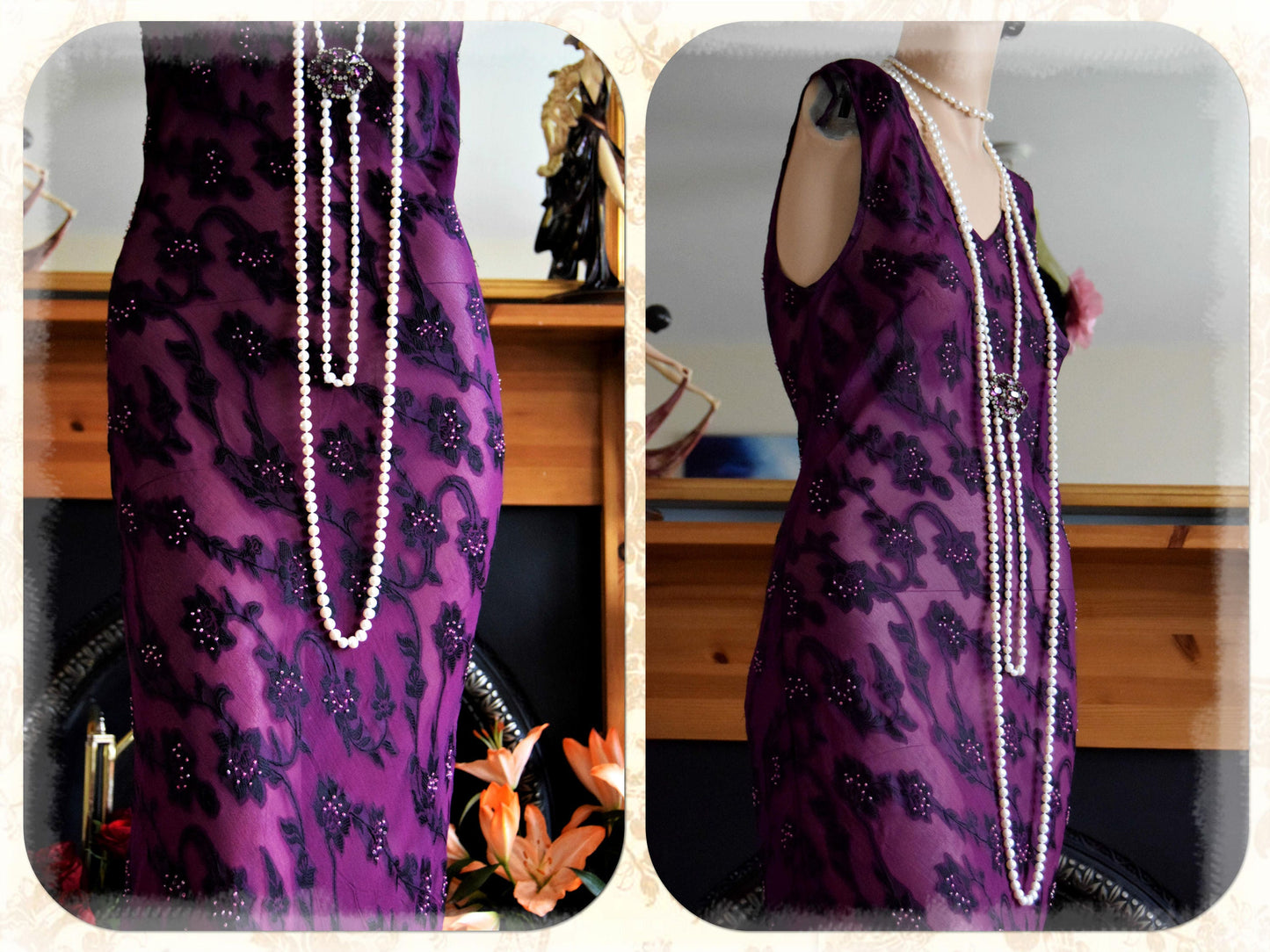 1930s Silk Maxi gown flapper gown Evening Sheer Purple gown Downton Abbey gown Stage Hollywood Goddess gown Size UK 8 US 4
