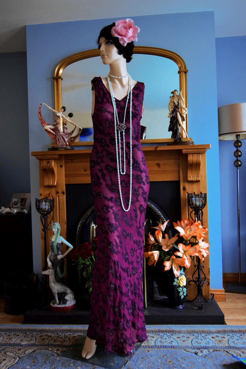 1930s Silk Maxi gown flapper gown Evening Sheer Purple gown Downton Abbey gown Stage Hollywood Goddess gown Size UK 8 US 4