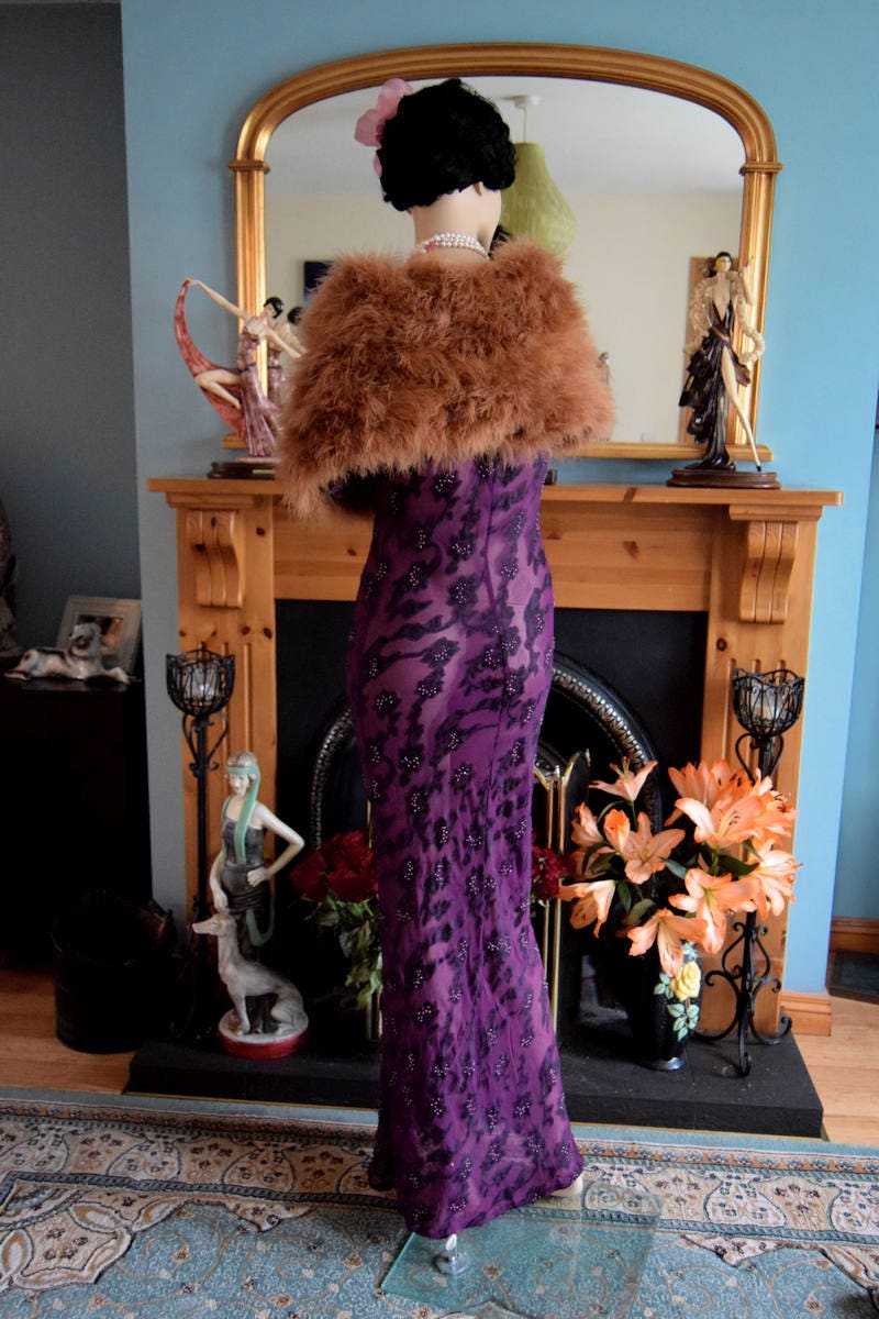 1930s Silk Maxi gown flapper gown Evening Sheer Purple gown Downton Abbey gown Stage Hollywood Goddess gown Size UK 8 US 4