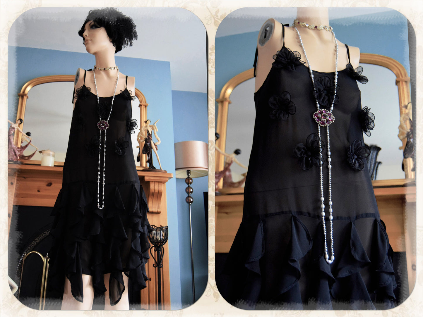 Art Deco Sheer 1920's Vintage Flapper ruched Dress Size UK 8 US 4