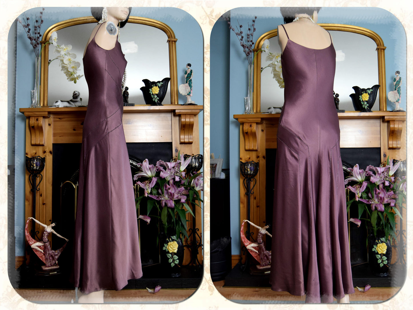 Art Deco Vintage 1930's style Chocolate Brown fluid satin silk Maxi Stage Dress Evening Gown Size UK 10 US 6