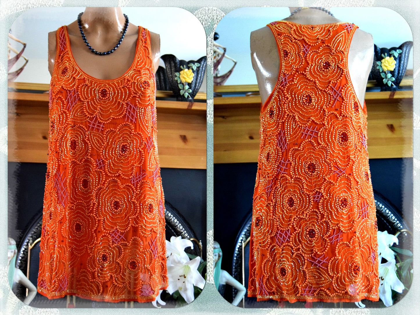 Beautiful Art Deco 1920's Fire Rusty Orange BeadedFloral top Tunic Blouse size UK 10 UK 6