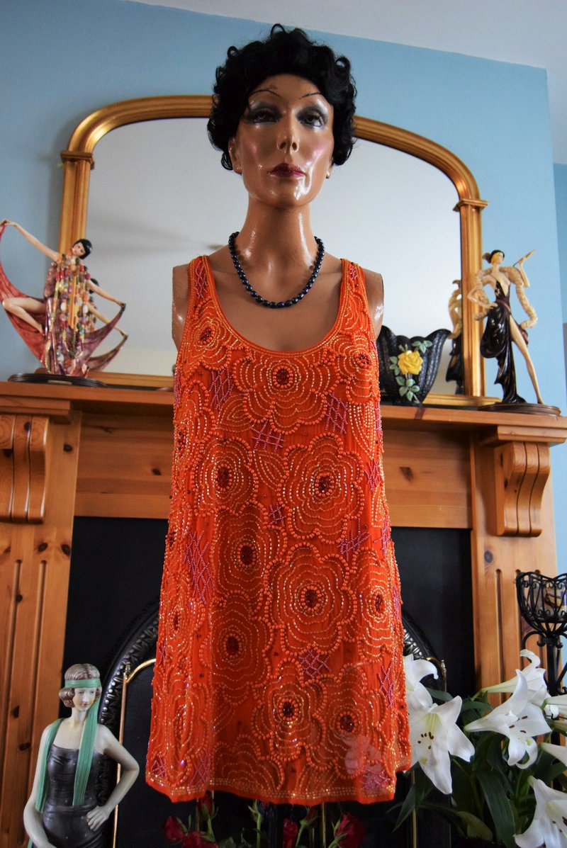 Beautiful Art Deco 1920's Fire Rusty Orange BeadedFloral top Tunic Blouse size UK 10 UK 6