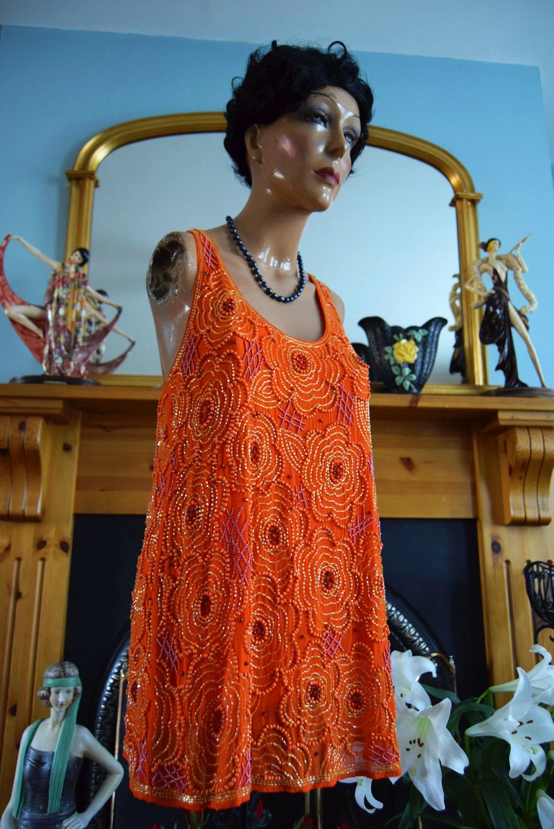 Beautiful Art Deco 1920's Fire Rusty Orange BeadedFloral top Tunic Blouse size UK 10 UK 6