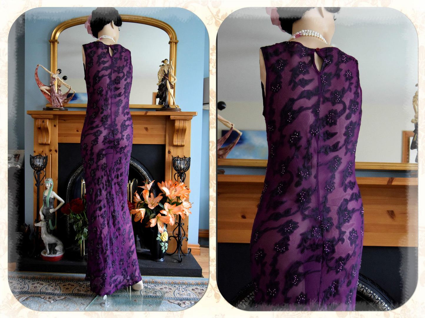 1930s Silk Maxi gown flapper gown Evening Sheer Purple gown Downton Abbey gown Stage Hollywood Goddess gown Size UK 8 US 4