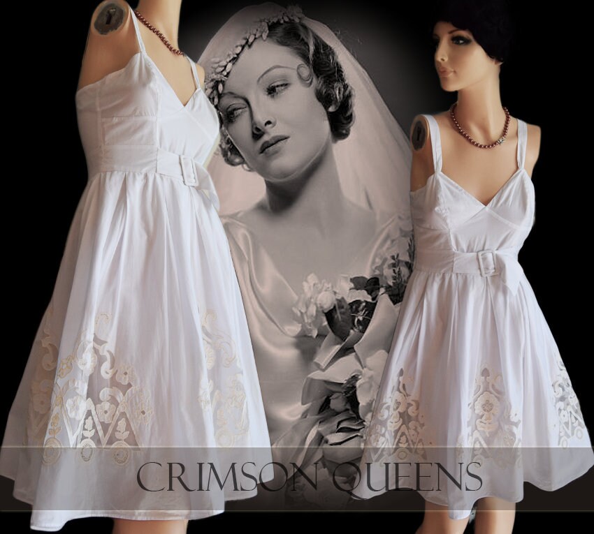 Vintage Rockabilly 1950s 1960s full Swing Cotton Pin-up wedding dress Lyon Lace Circle Wedding Gown Soft Summer Tea Dress size UK 4 6 US 2 4