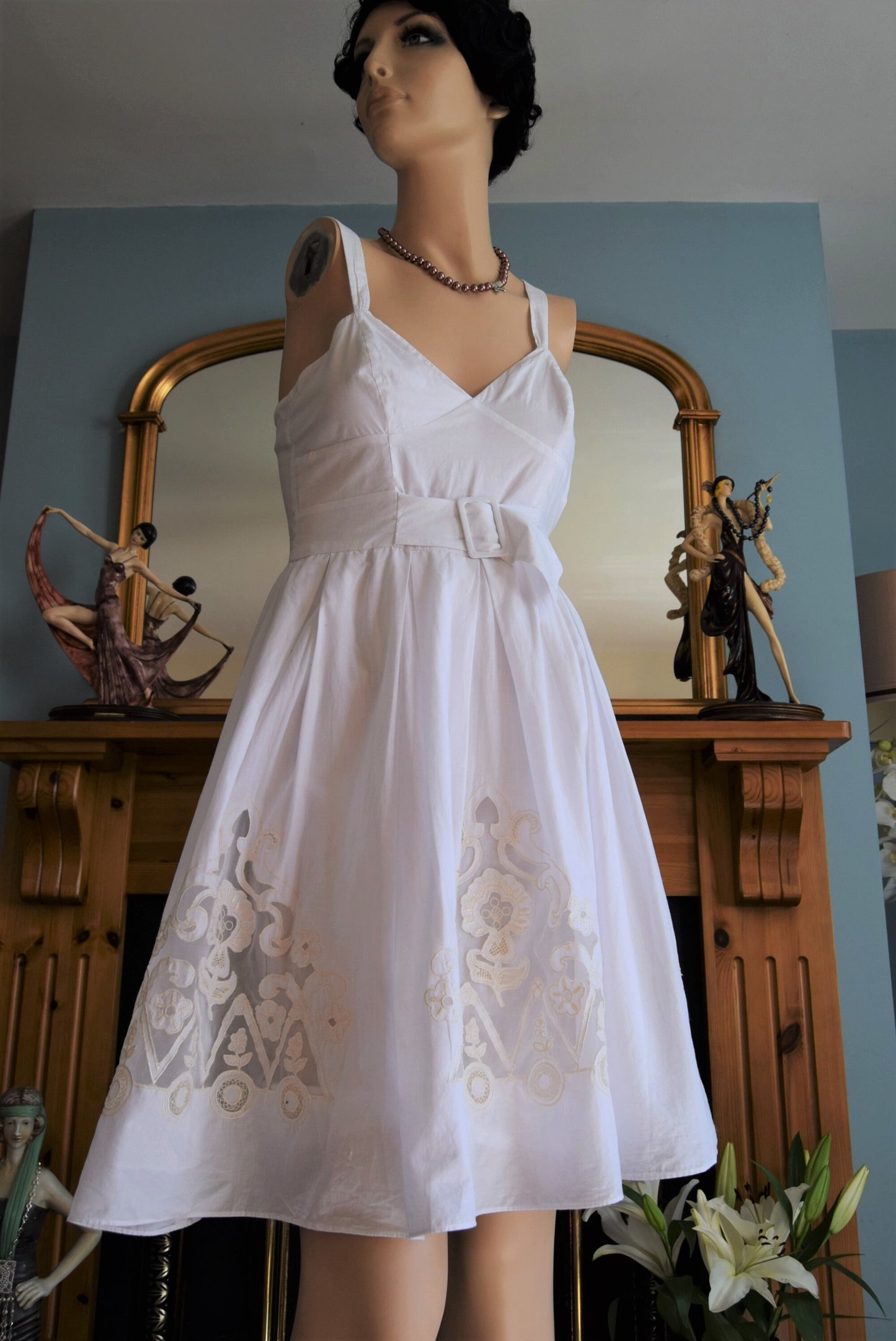 Vintage Rockabilly 1950s 1960s full Swing Cotton Pin-up wedding dress Lyon Lace Circle Wedding Gown Soft Summer Tea Dress size UK 4 6 US 2 4