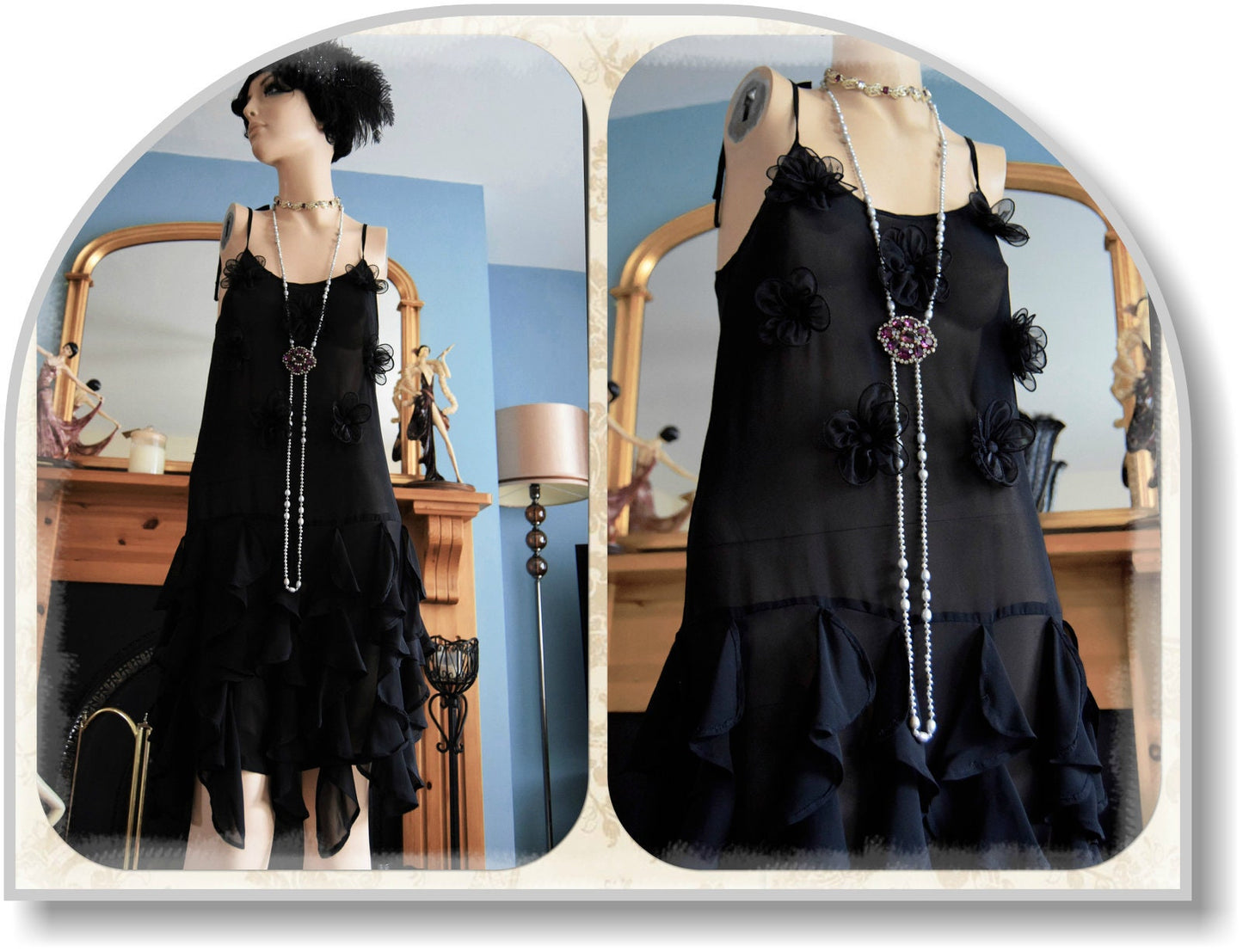 Art Deco Sheer 1920's Vintage Flapper ruched Dress Size UK 8 US 4
