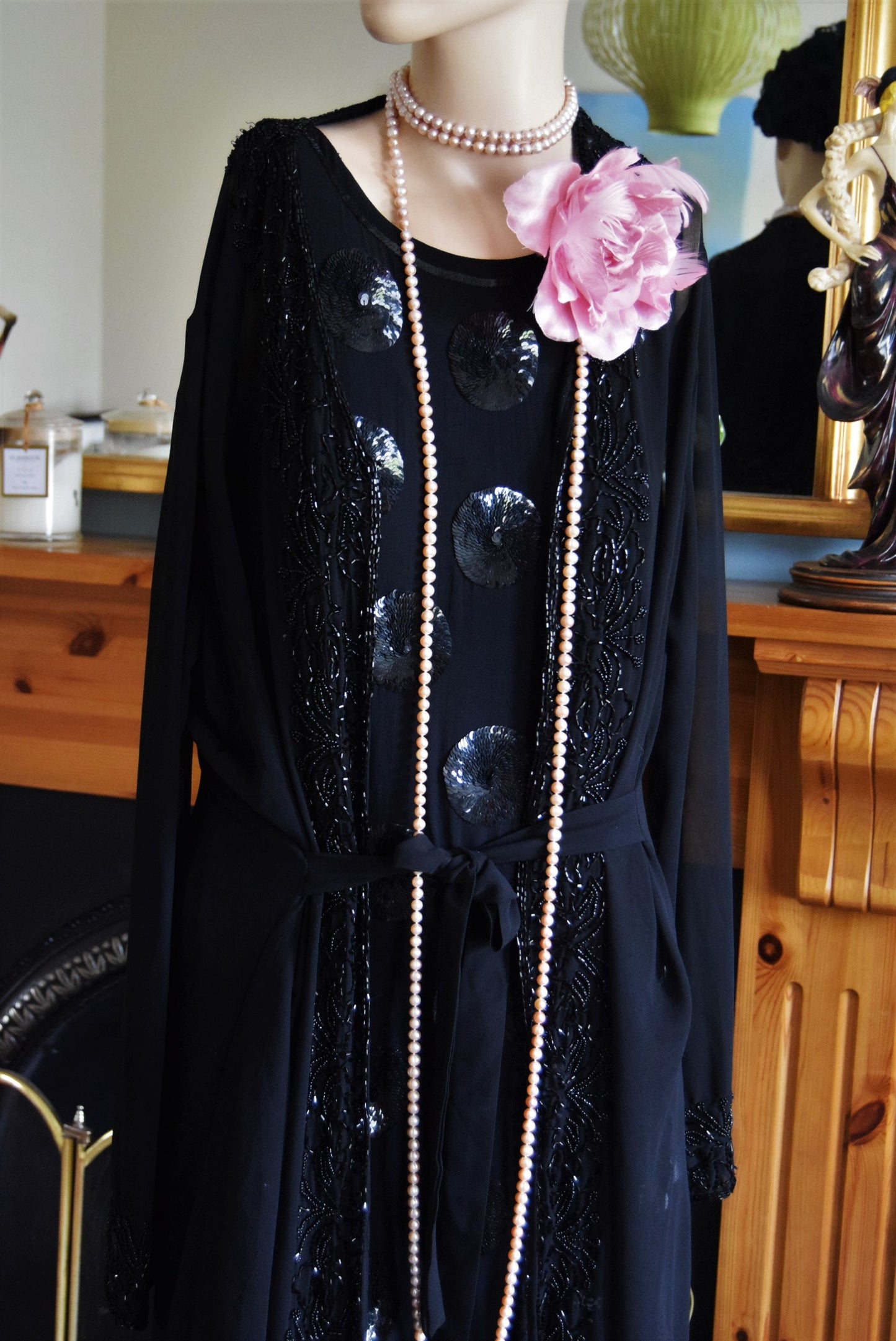 Art Deco Sheer 1920's Vintage Flapper Beaded Sequinned All Silk dress Size UK 8 US 4