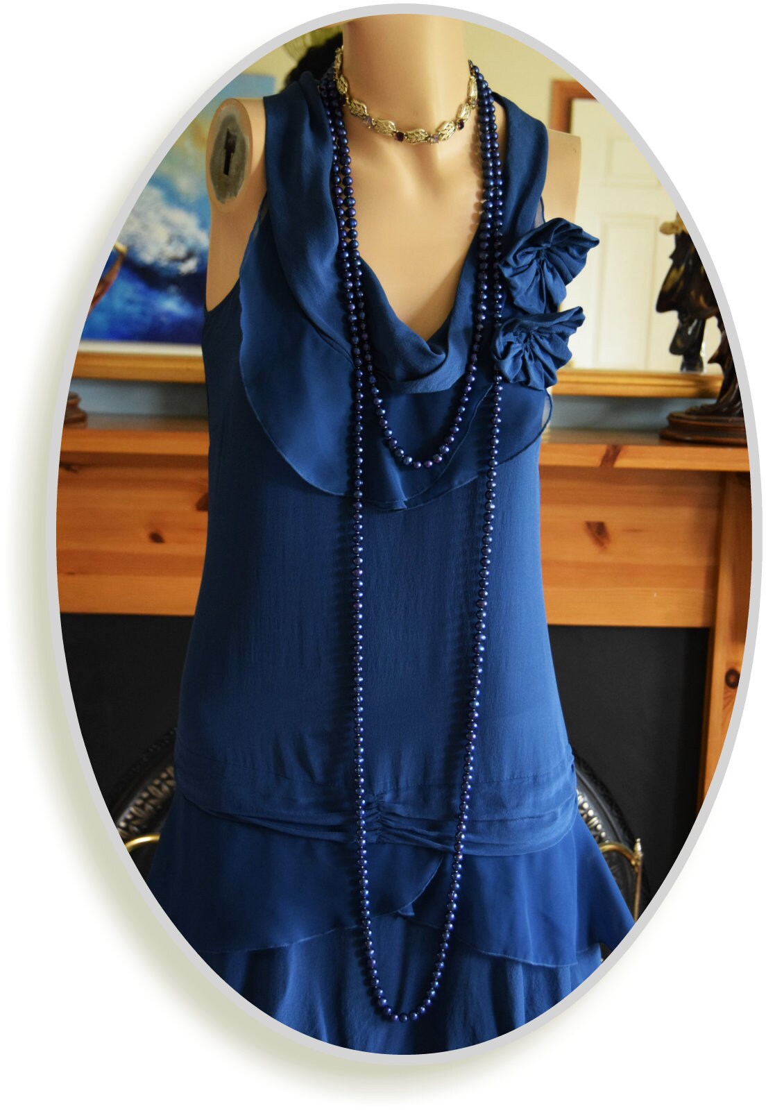Vintage Midnight Blue Pastel Silk Romantic So Feminine 1920's frilled dress Size UK 8 US 4