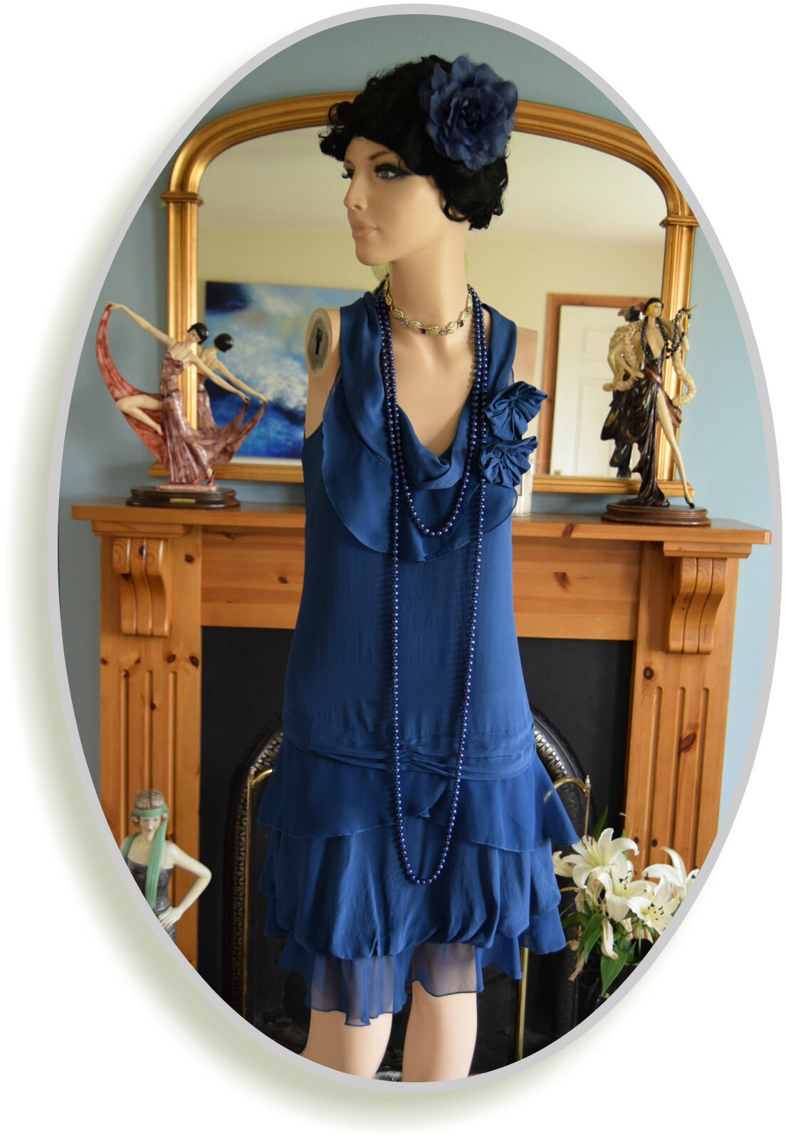Vintage Midnight Blue Pastel Silk Romantic So Feminine 1920's frilled dress Size UK 8 US 4