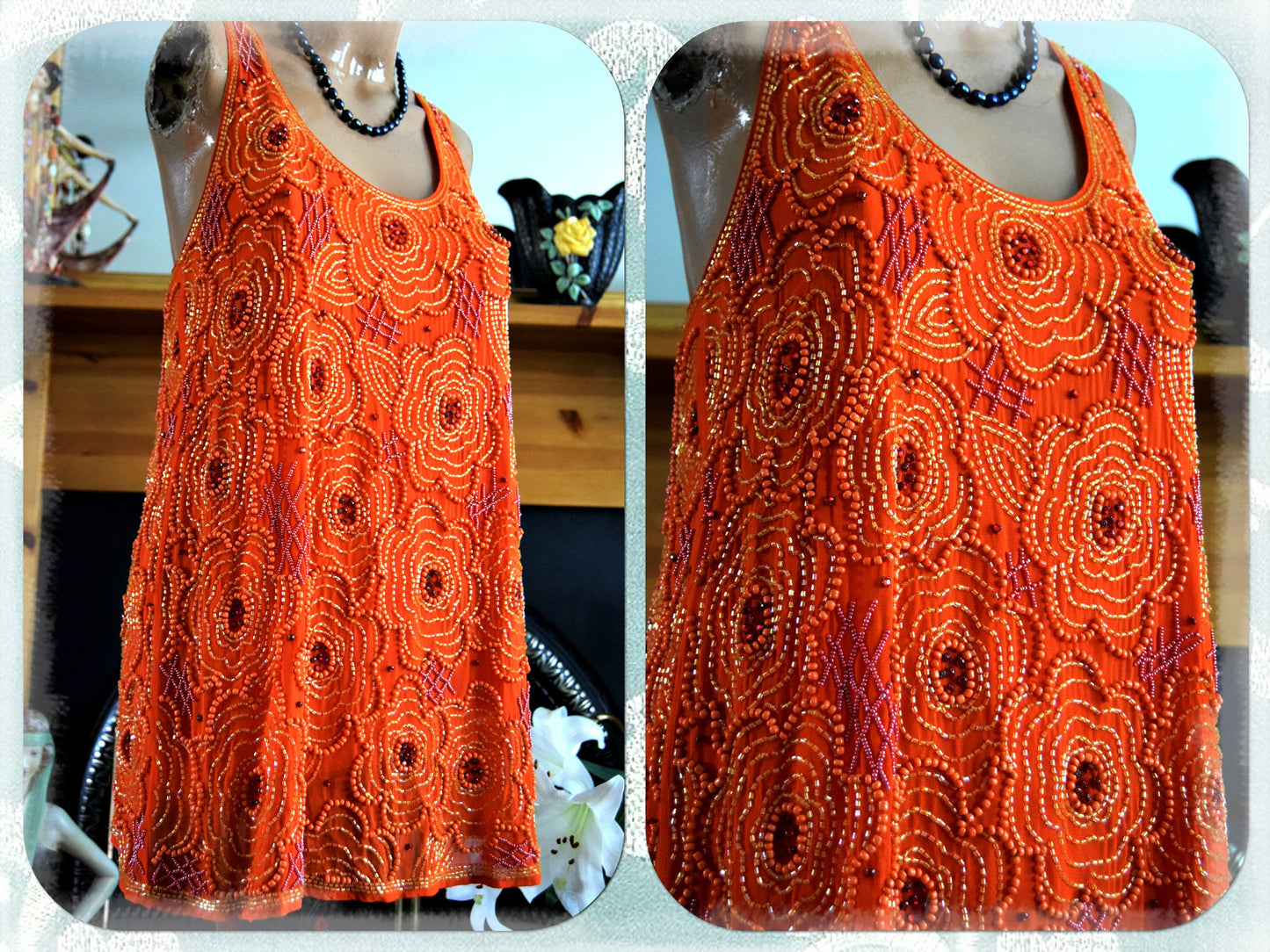 Beautiful Art Deco 1920's Fire Rusty Orange BeadedFloral top Tunic Blouse size UK 10 UK 6