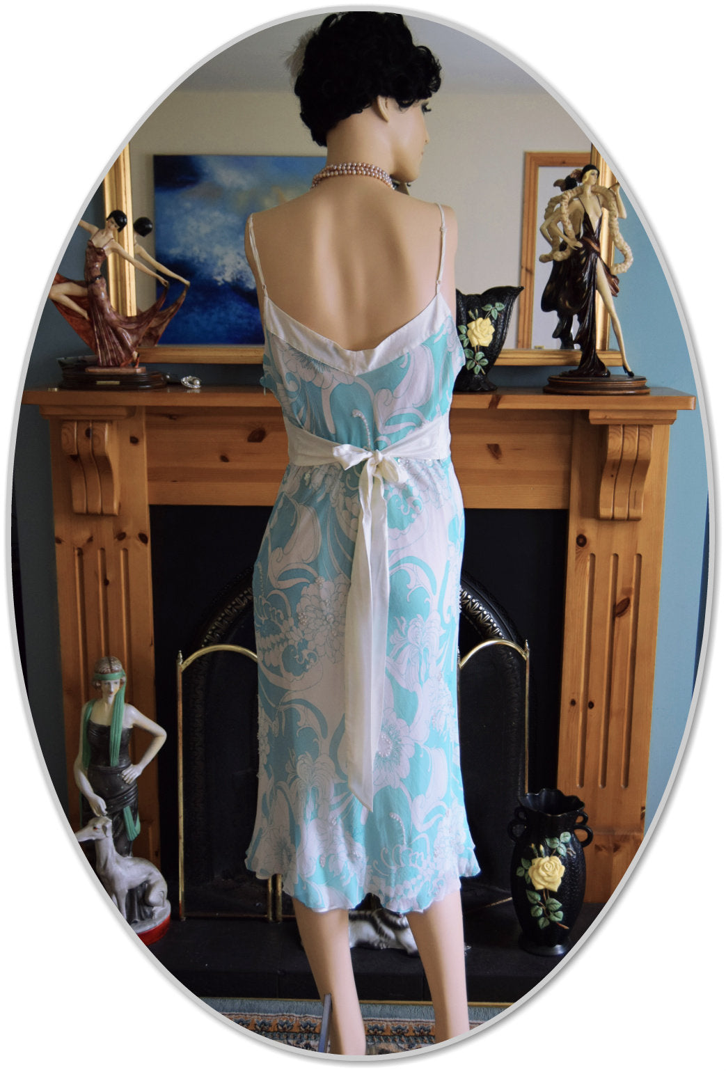 Downton Abbey Silk Evening Gown Avant Garde Teal Blue Floral Romantic liquid cocktail Down Dress Size UK 12 US 8