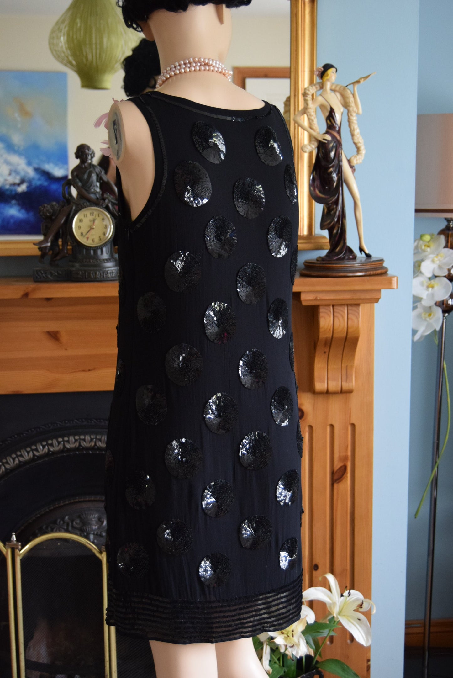 Art Deco Sheer 1920's Vintage Flapper Beaded Sequinned All Silk dress Size UK 8 US 4