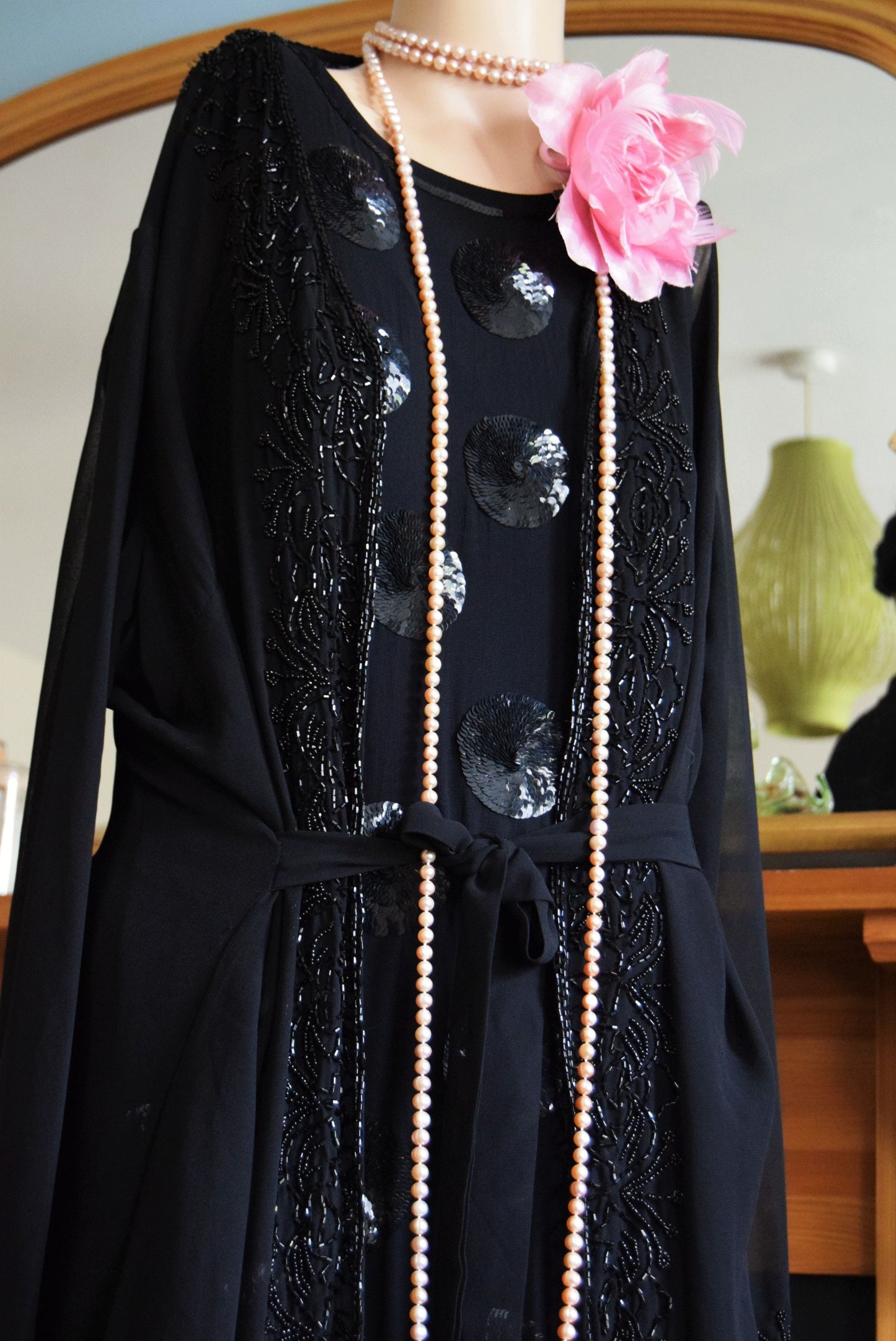 Art Deco Sheer 1920's Vintage Flapper Beaded Sequinned All Silk dress Size UK 8 US 4