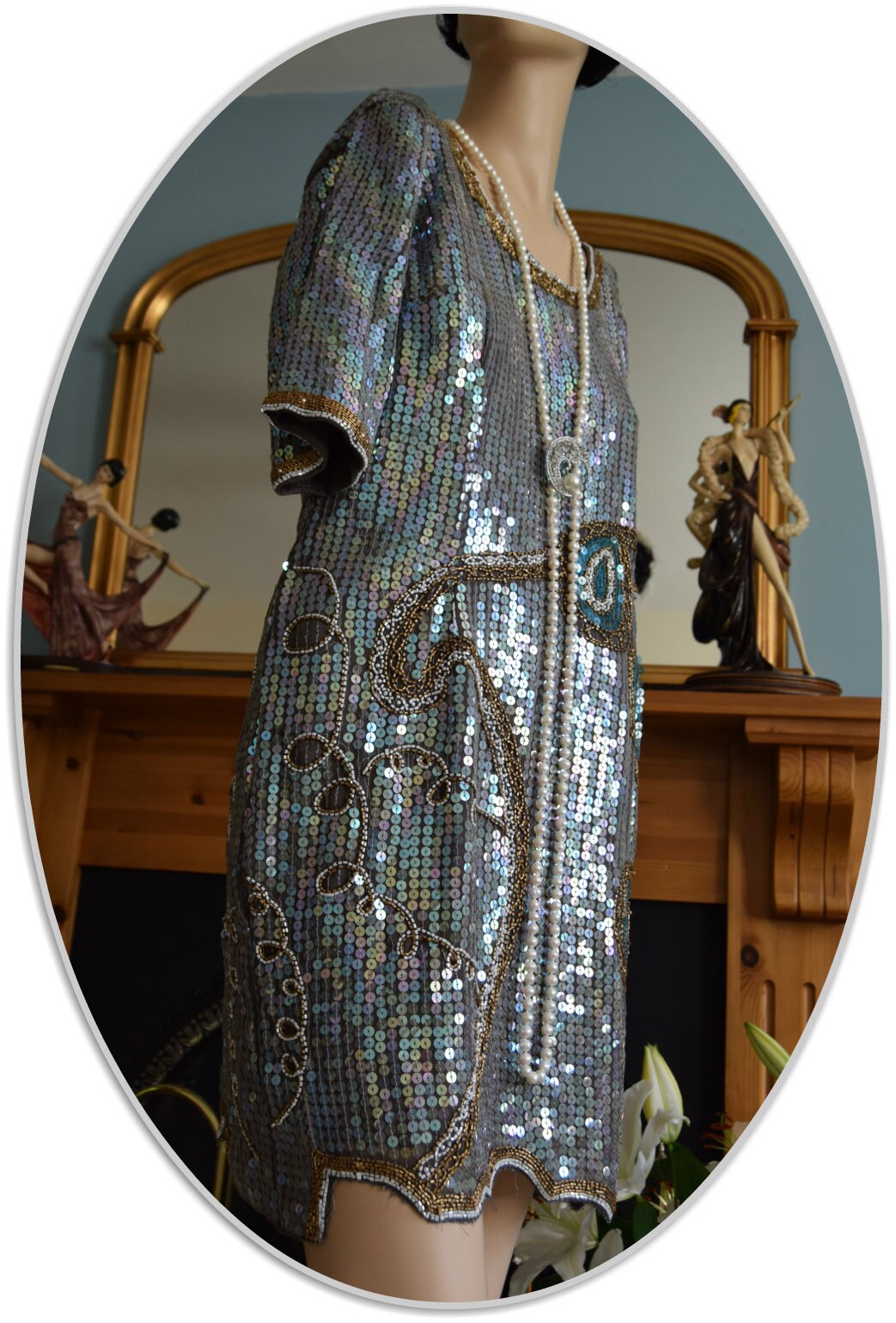 1920s dress Art Deco dress Flapper bead dress Great Gatsby gold silver vintage sequin dress Avant-Garde dress evening dress UK 8 10 US 4 6
