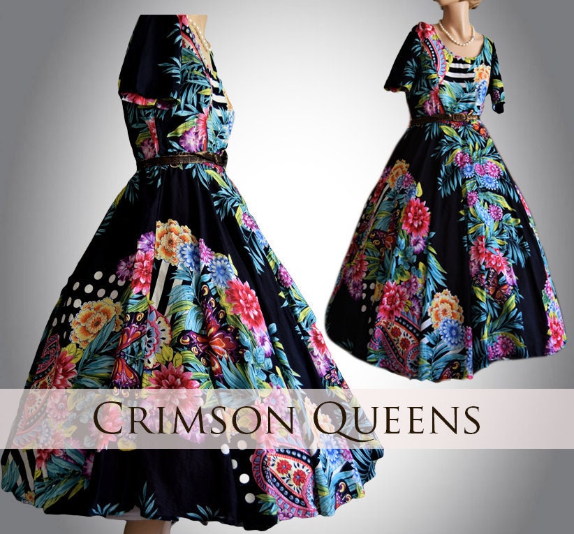 PHOOL Stunning Vibrant Full Circle 1960's Rockabilly Havana Party Oriental Exotic dress by Phool size UK 12 US 8